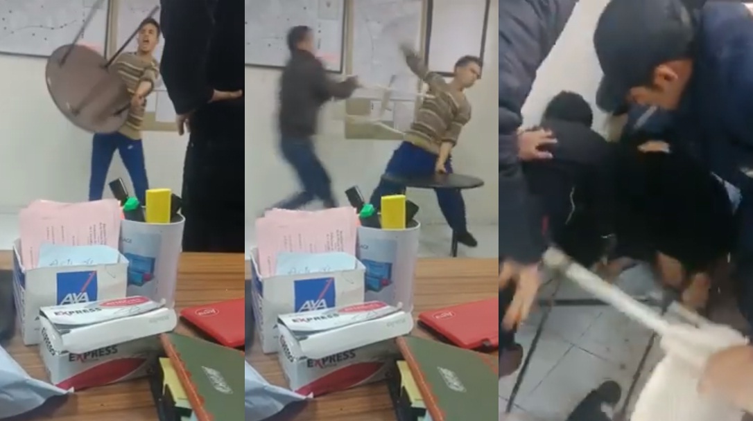 فيديو.. شاب بسلاح أبيض يثير الشغب والفوضى بمكتب الشرطة وتدخل حازم لتوقيفه