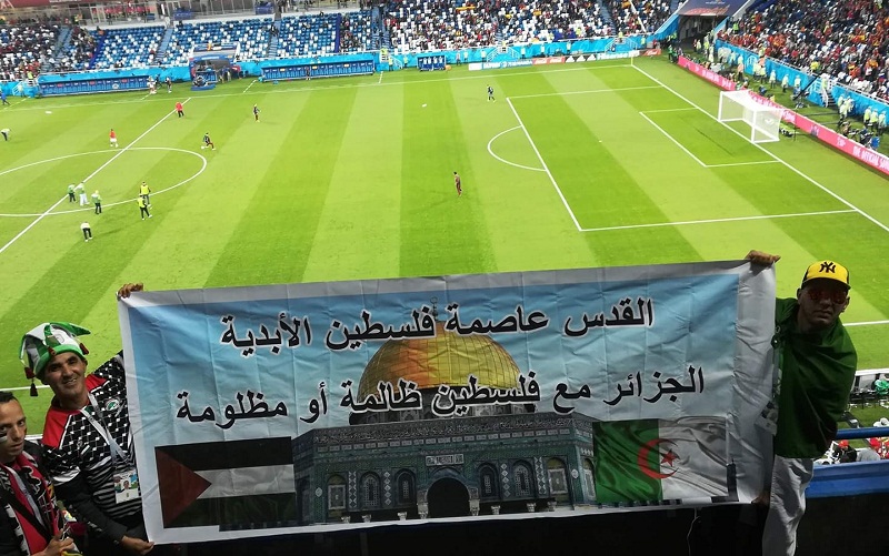 صورة.. الجمهور الجزائري يتضامن مع فلسطين في مدرجات "كان 2019" بمصر