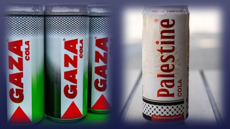 علبة فلسطين كولا مزينة بالكوفية وشجرة الزيتون كمشروب بديل عن كوكاكولا لدعم غزة