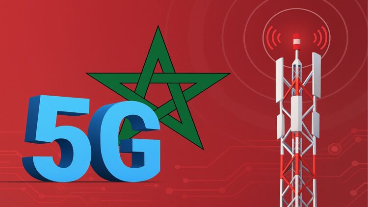 برج اتصالات مغربي مع شعار 5G يشير إلى الانطلاقة الرقمية الجديدة