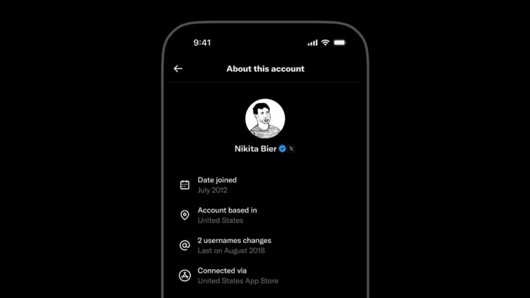 أنشيء صورة تعبيرية عالية الجودة لواجهة منصة X توضح خاصية كشف بلد الحساب