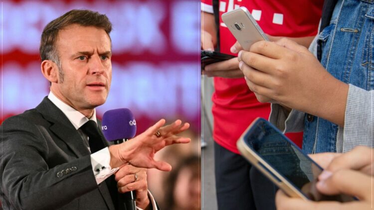 الرئيس الفرنسي إيمانويل ماكرون خلال زيارته لمنطقة فوغس معلنًا خطة حظر الهواتف