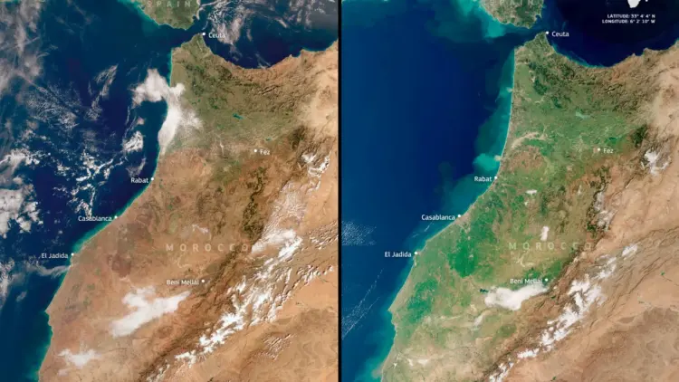 صور أقمار صناعية تقارن بين حالة الجفاف والغطاء النباتي الأخضر في شمال المغرب