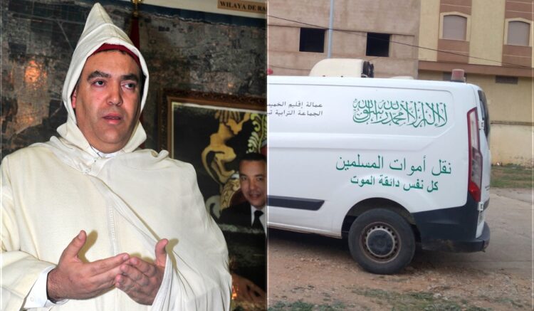 سيارات نقل الأموات في المغرب مع التركيز على هويتها البصرية والعبارات الدينية المكتوبة عليها.