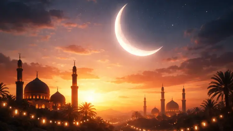 هلال رمضان 2026 في السماء مع خلفية غروب يرمز لاختلاف ساعات الصيام حول العالم